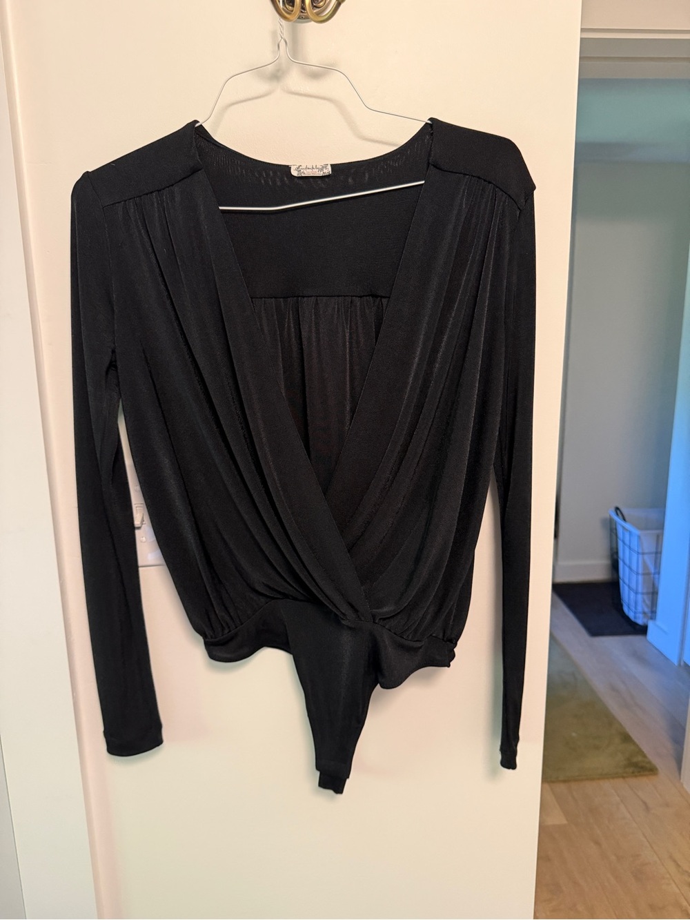 Draped V‑Neck Long Sleeve Black Bodysuit